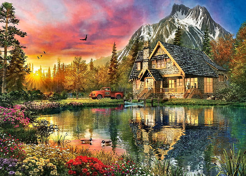 A Breath of Fresh Air - Cottage F2, architecture, art, cottage, bonito, cabin, lake, artwork, water, painting, wide screen, scenery, landscape, HD wallpaper
