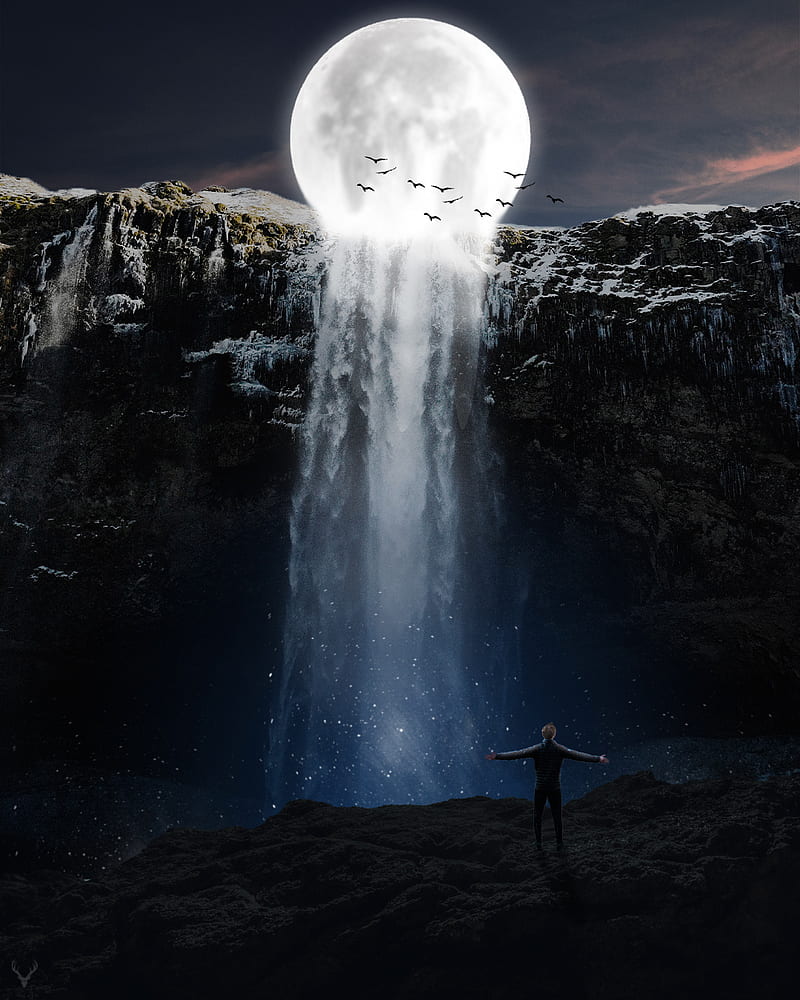Moon Waterfall, moon, mountain, nature, waterfall, HD phone wallpaper