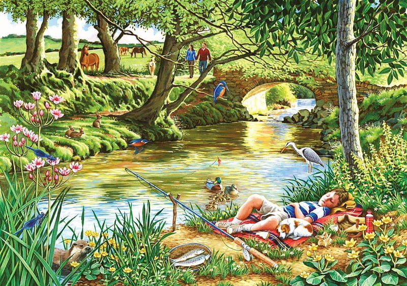 GONE FISHING, pond, art, boy, painting, rod, sunny, morning