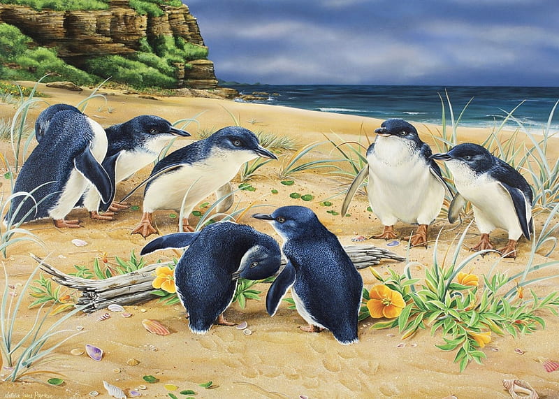 Penguins parade, holdson, parade, bird, penguin, painting, pictura, art, beach, cute, pasari, HD wallpaper