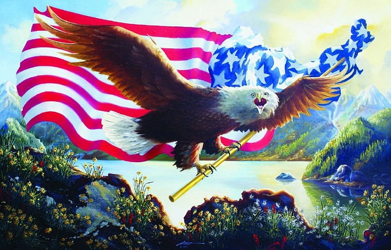 Over the Land of the, painting, eagle, artwork, flag, landscape