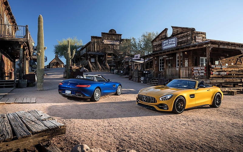 Mercedes AMG GT, Yellow cabriolet, blue cabriolet, German cars, supercars, Mercedes, HD wallpaper