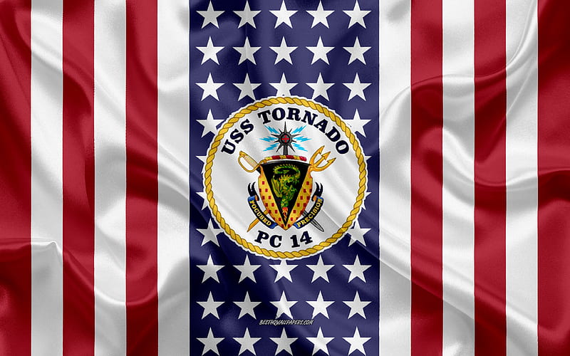USS Tornado Emblem, PC-14, American Flag, US Navy, USA, USS Tornado Badge, US warship, Emblem of the USS Tornado, HD wallpaper