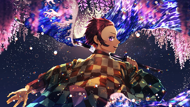 Demon Slayer Tanjirou Kamado With Sword With Background Of Black And Blue Purple Flowers Anime, HD wallpaper