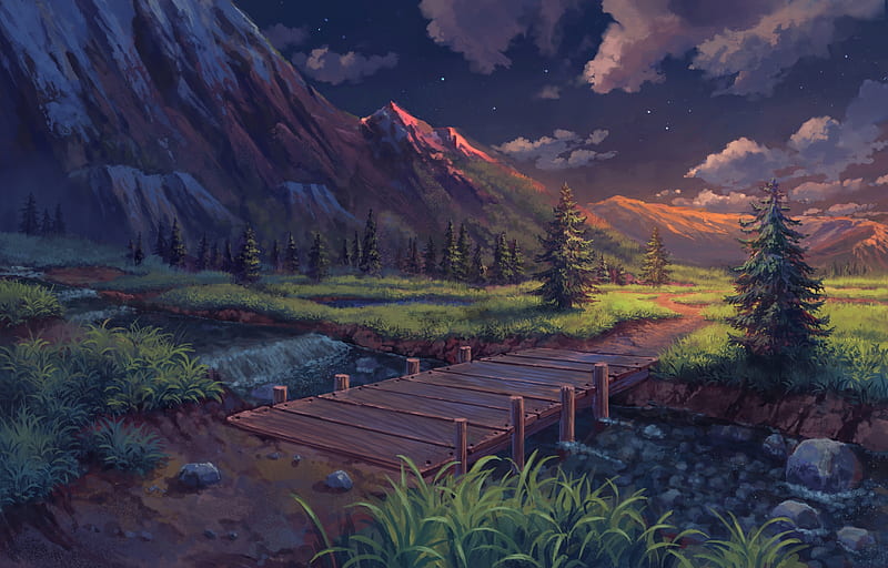 anime landscape, mountains, scenic, clouds, stars, stream, Anime, HD wallpaper