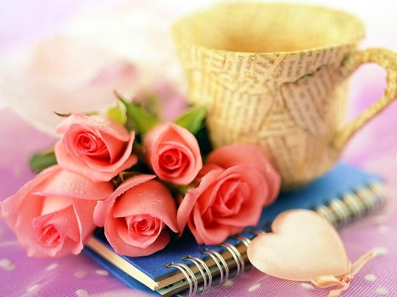 Start your day with Love, book, cup, roses, pink, locket, HD wallpaper