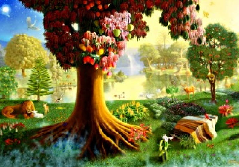 Heaven, red, art, lion, deer, animal, fruit, tree, fantasy, green, painting, flower, pink, HD wallpaper