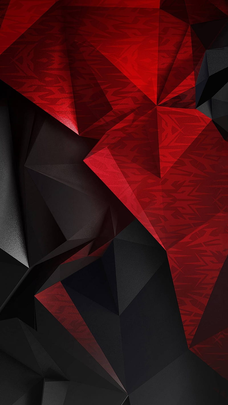 Polygon, 3d, abstract, android, angles, background, black, diamond, geometric, red, HD phone wallpaper