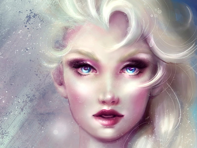 Elsa, fanart, yeti-im-ohr, fantasy, girl, snow queen, face, white, eyes, princess, disney, blue, HD wallpaper