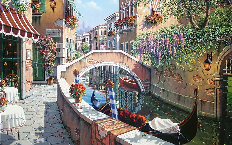 Canal grande, Veneziano, canal, bonito, magic, bistro, europe, italia, city, boat, bridge, love, flowers, venezia, lamp, lovely, view, houses, colors, galeere, grande, water, rialto, peaceful, nature, landscape, HD wallpaper