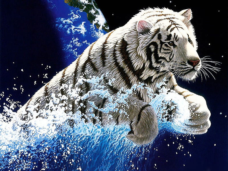 3d tiger, art, water, painting, nature, tiger, cat, HD wallpaper