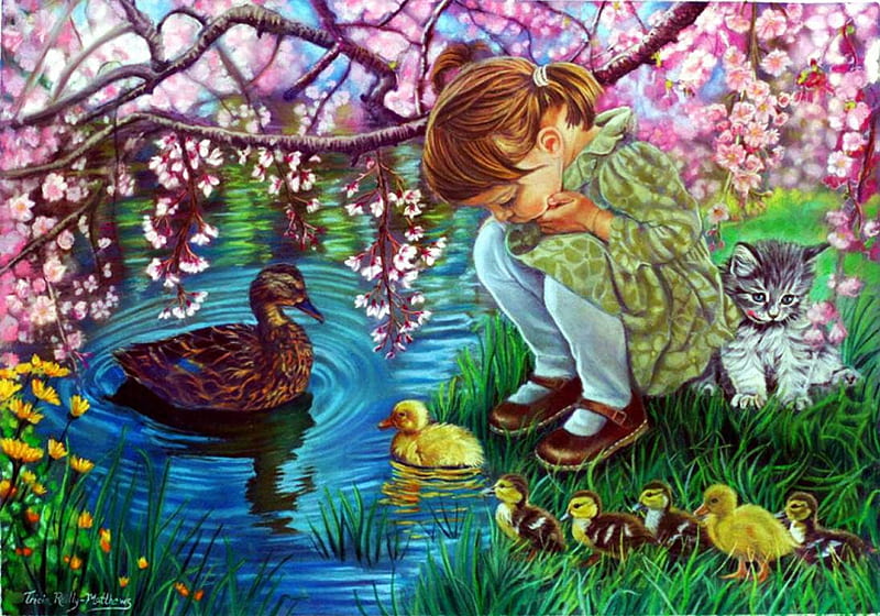 Mother's Love, spring, artwork, kid, tree, water, duck, girl, painting, blossoms, chicks, HD wallpaper