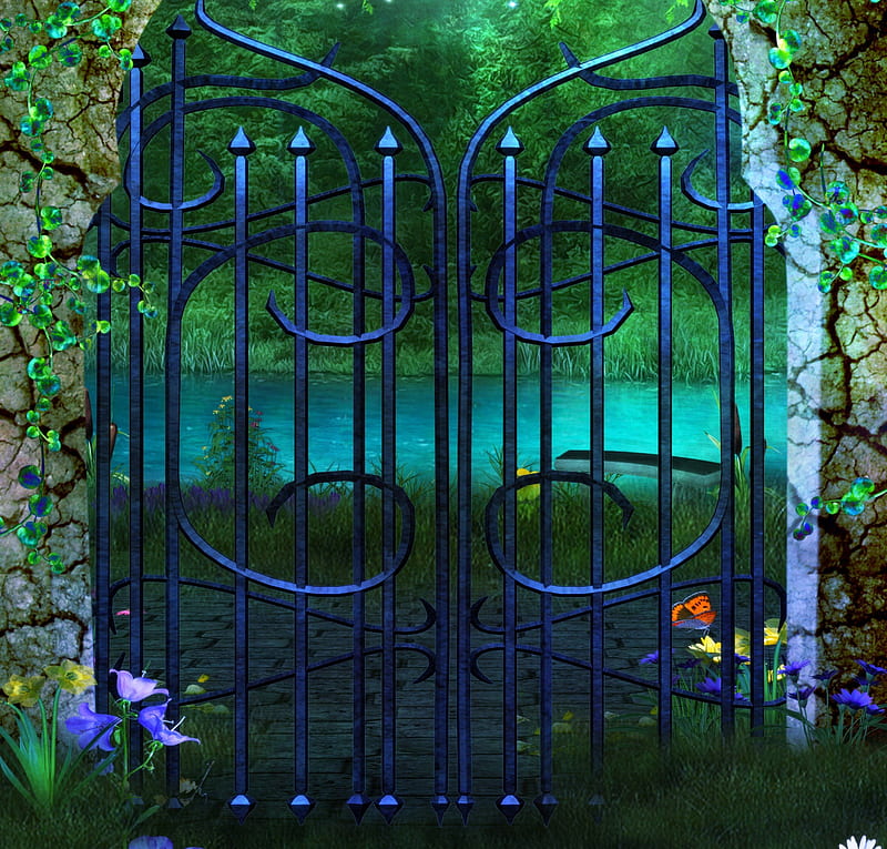 ✼Blue Gateway to the Lake✼, splendid, grass, premade BG, creations, bonito, door, butterfly, stock , exterior, flowers, resources, animals, blue, gate, colors, creative pre-made, trees, gateway, cool, plants, backgrounds, nature, ivy, HD wallpaper