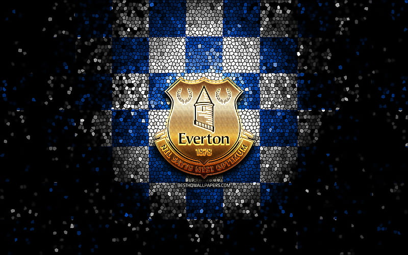 Everton FC, glitter logo, Premier League, blue white checkered background, soccer, FC Everton, english football club, Everton logo, mosaic art, football, England, HD wallpaper