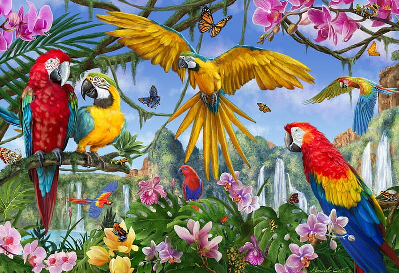 Parrots Jungle, birds, puzzle, jigsaw, macaw, colorful, HD wallpaper