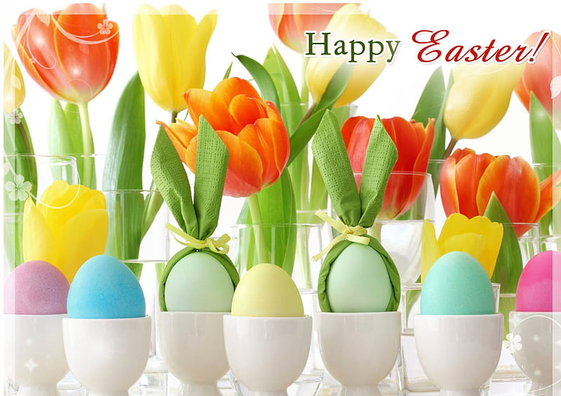 good morning easter, good, eggs, greeting, morning, tulips, easter, HD wallpaper