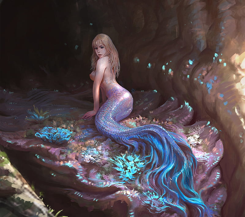 Mermaid, summer, siren, pink, blue, art, luminos, hwanggyu kim, cave, fantasy, vara, girl, HD wallpaper