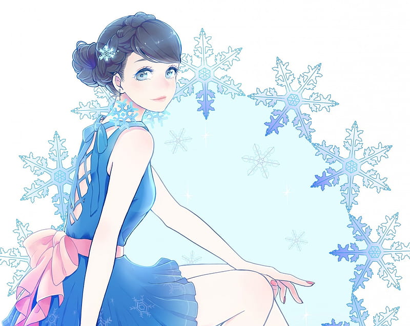 BlueFlakes, pretty, dress, bonito, sweet, nice, anime, beauty, anime girl, blue, female, lovely, gown, plain, flakes, girl, snowflakes, simple, lady, white, maiden, HD wallpaper
