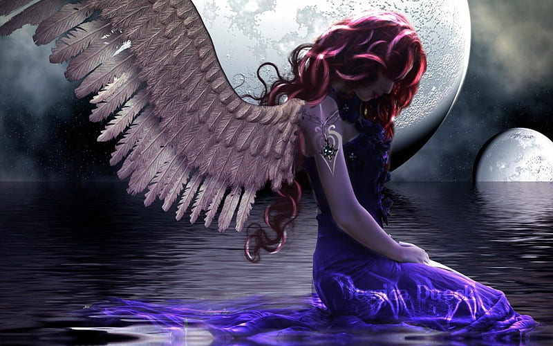 sad angel, fantasy, wings, purple, angel, sad, HD wallpaper