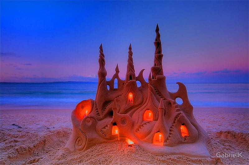 Castle in the sand, beach, ocean, castle made of sand, blue sky, candles, HD wallpaper