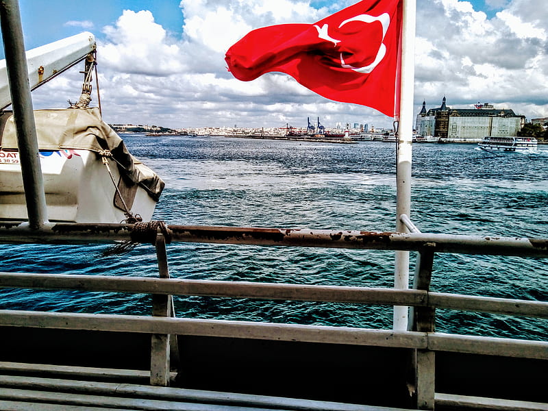istanbul, flag, sea, vapur, HD wallpaper
