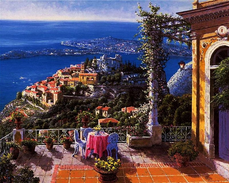 Mediterranean Veranda, table, house, painting, chairs, coastline, artwork, sea, HD wallpaper