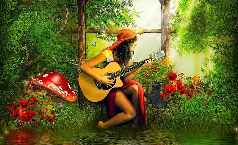 Songs in forest, red, colorful, songs, mushroom, bonito, splendor, green, color, beauty, wishing well, amazing, forest, lovely, music, cat, water, girl, nature, HD wallpaper