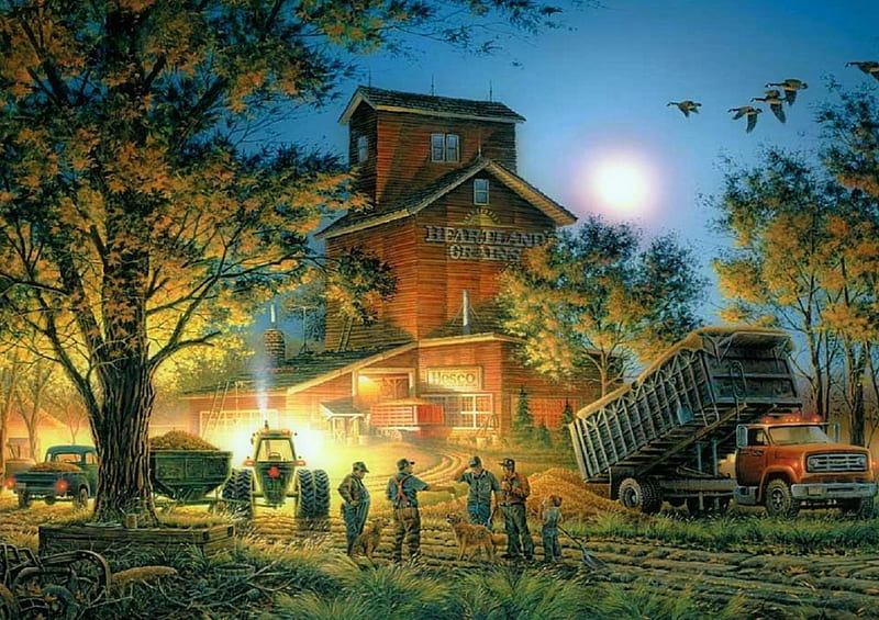 Bountiful Harvest, farm, trucks, autumn, house, HD wallpaper