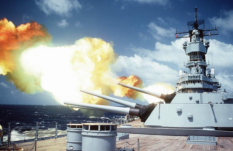 USS Iowa firing a broadside, fire, battle, uss, battleship, iowa, navy, HD wallpaper