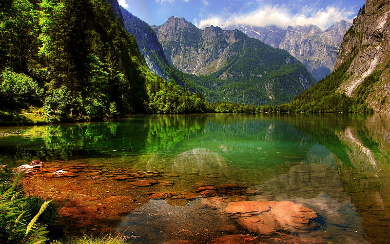 Berchtesgaden National Park, Lake Konigssee, mountains, summer, Alps, Bavaria, Germany, Europe, HD wallpaper