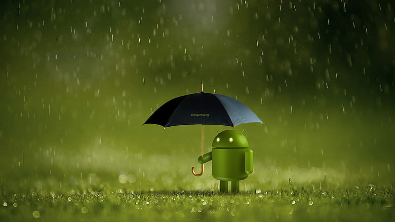 android doodle, raining, black umbrella, bokeh, Technology, HD wallpaper