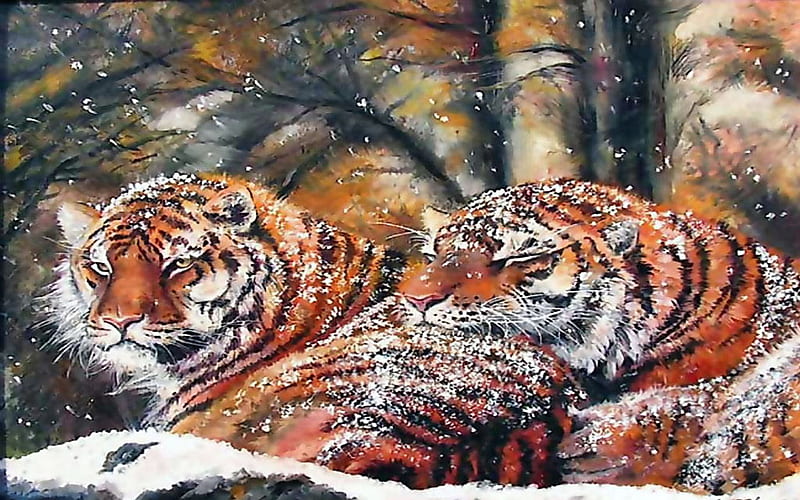 Snow tigers, snow, painting, tigers, animals, winter, HD wallpaper