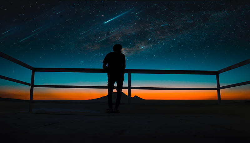 Person Silhouette Meteors Night Sky , silhouette, person, graphy, stars, night, stars, HD wallpaper