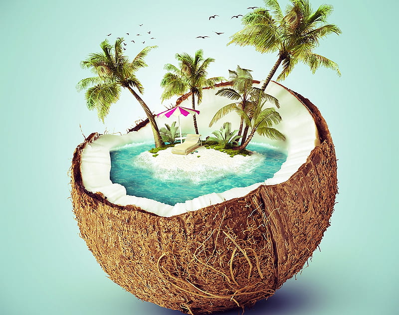 Coconut Island, brown, coconut, creative, sea, fruit, fantasy, water, green,  HD wallpaper | Peakpx