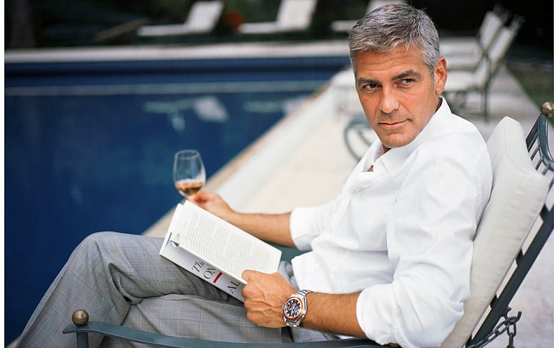 George Clooney, glass, Handsome, pool, great hair, book, HD wallpaper