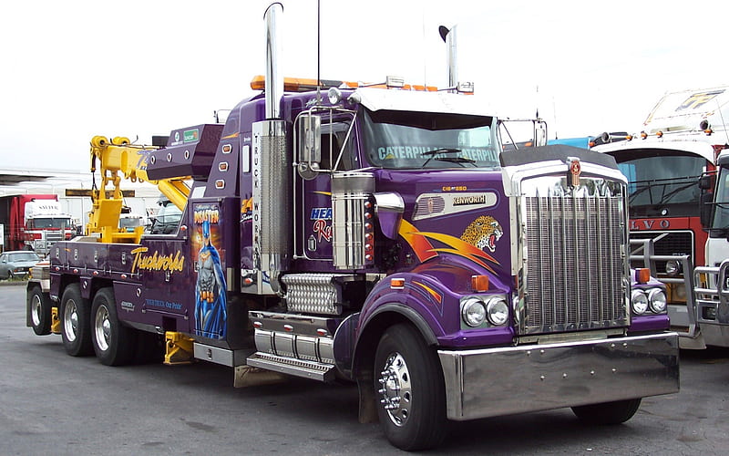 Heavy Tow Truck, rig, tow truck, la maquina, kenworth, power, chrome, lights, graphy, big, purple, heavy, hop, truck, recovery, diesel, HD wallpaper
