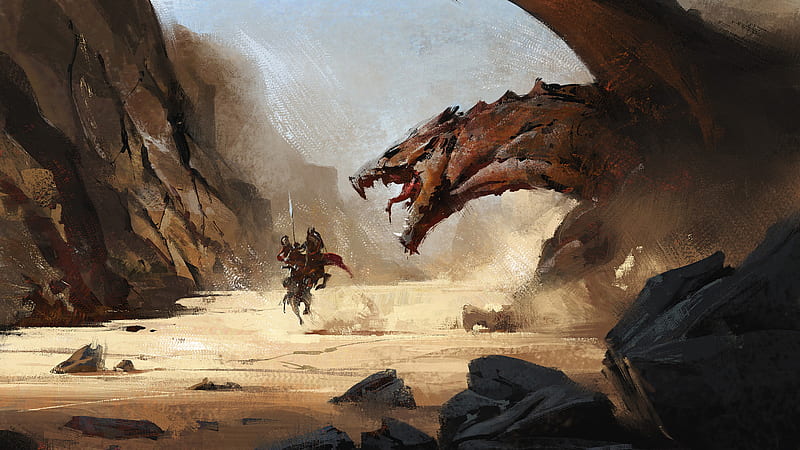 Fantasy Brown Dragon Is Threatening A Solider Dreamy, HD wallpaper