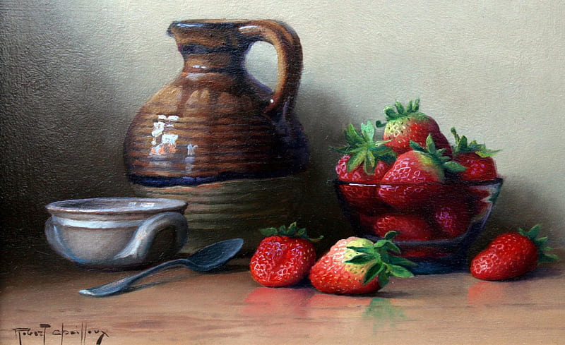 Spring flavour(for Jacqeline), spoon, painting, jug, strawberries, spring, flavour, bowl, HD wallpaper