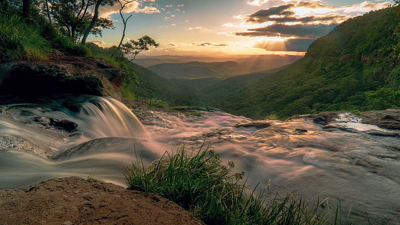 Prehistoric vibes in Lamington National Park, Queensland, Australia, river, landscape, colors, cascades, trees, sky, sunset, HD wallpaper