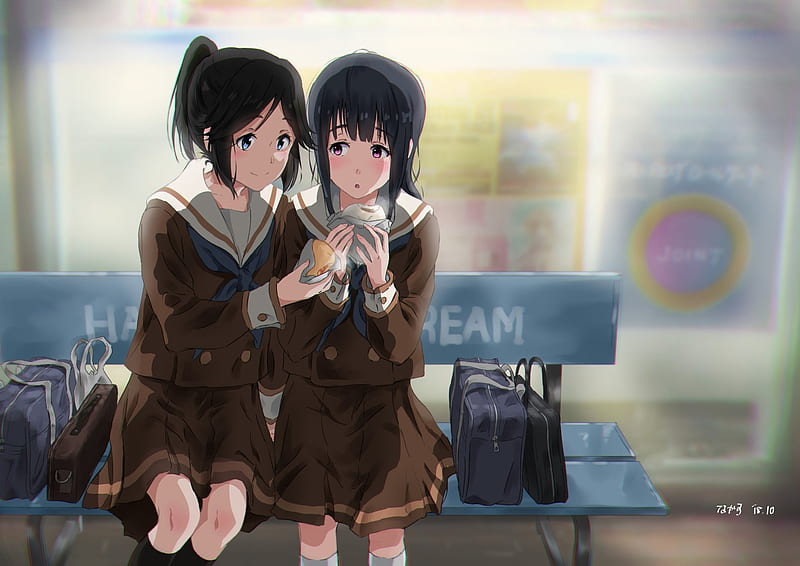 kasaki nozomi, yoroizuka mizore, school uniform, bench, hibike euphonium, Anime, HD wallpaper