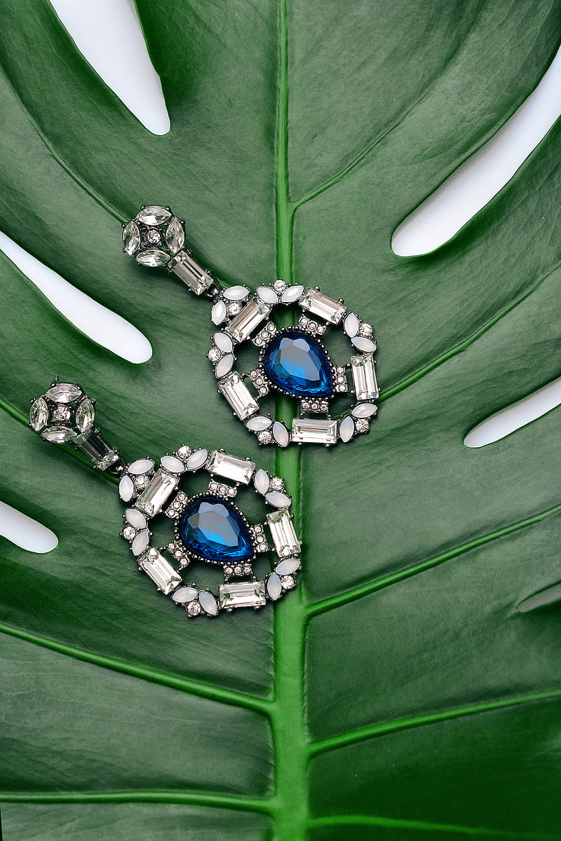 pair of silver-colored earrings with blue gemstone, HD phone wallpaper