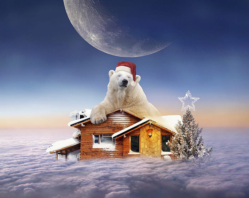 Merry Christmas!, house, moon, luminos, craciun, christmas, creative, animal, winter, hat, santa, fantasy, moon, planet, snow, white, polar bear, HD wallpaper