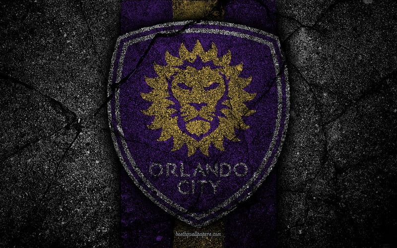 Orlando City FC, MLS, asphalt texture, Eastern Conference, black stone, football club, USA, Orlando City, soccer, logo, FC Orlando City, HD wallpaper