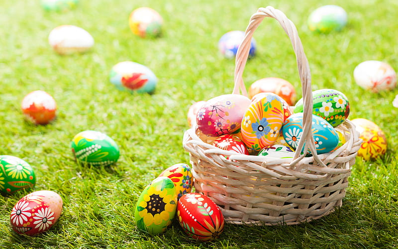 Easter, basket, spring, Easter eggs, Easter decoration, green grass, HD wallpaper