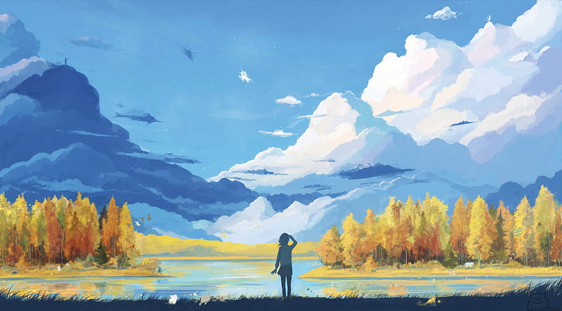 anime landscape, girl, mountain, relaxing, trees, clouds, scenic, Anime, HD wallpaper