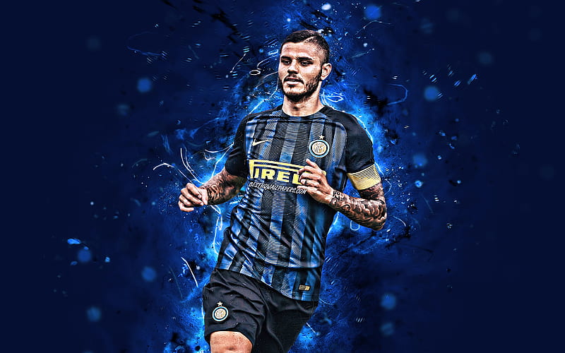 Mauro Icardi, close-up, Internazionale FC, football stars, argentine footballers, Icardi , blue background, Serie A, Icardi, football, soccer, Italy, neon lights, Inter Milan FC, HD wallpaper