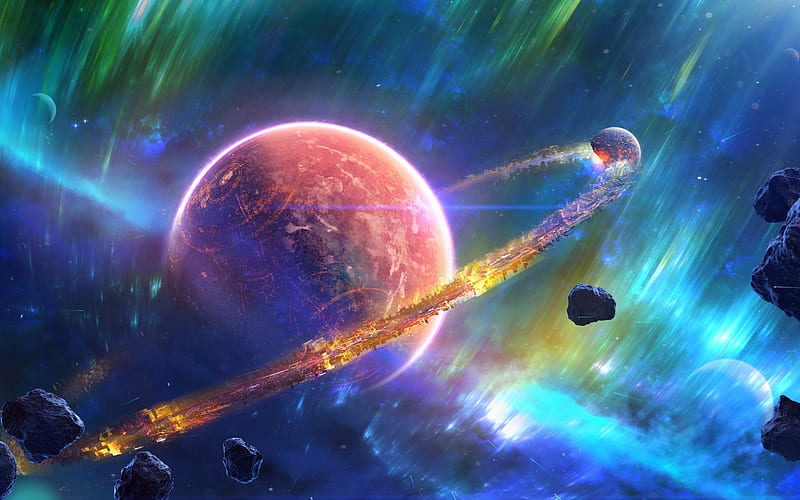 Planet and asteroids, art, luminos, space, fantasy, planet, green, anvil, cosmos, pink, blue, HD wallpaper