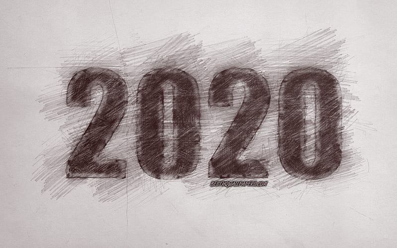 2020 concepts, pencil drawing, 2020 New Year, paper background, happy new year 2020, drawn numbers, HD wallpaper