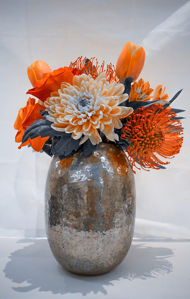 vase, colors, colorful, flowers, flower, flowers, jarron, naranja, natural, roses, HD phone wallpaper