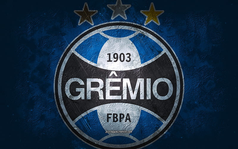 Gremio, Brazilian football team, blue background, Gremio logo, grunge art, Serie A, Brazil, football, Gremio emblem, HD wallpaper